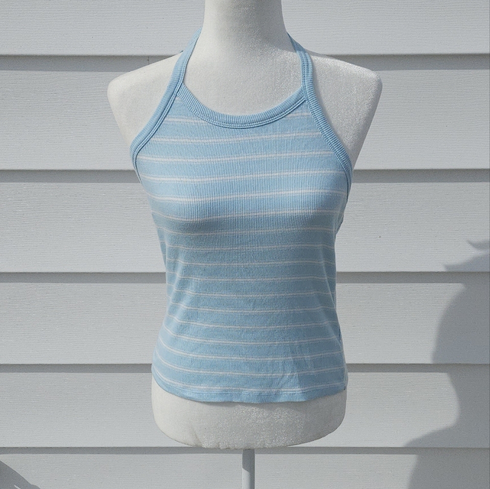 Striped Halter Tank Top in Light Blue and White